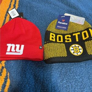 2 new with tags winter beanies ny giants and Boston bruins
